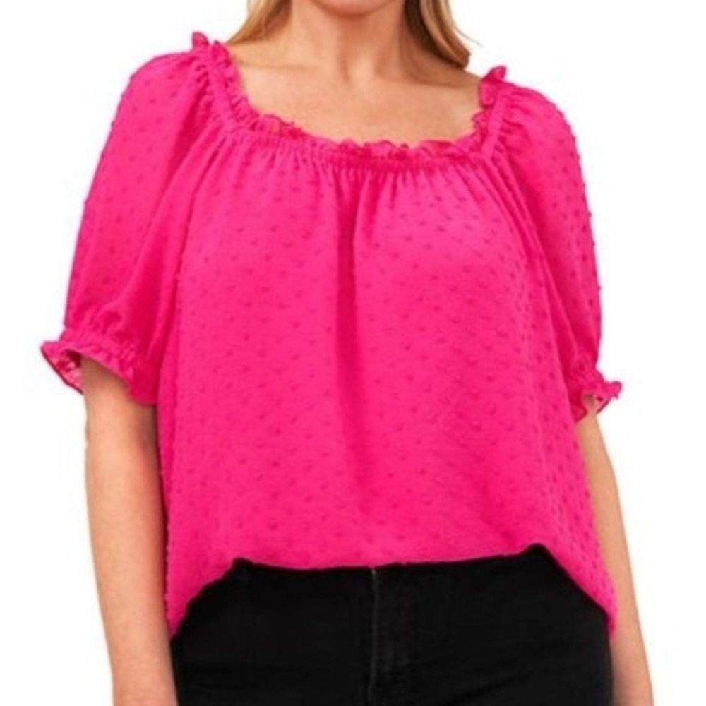 CeCe Pink Off Shoulder Swiss Dot Top with Short  Sleeves, Size 2X